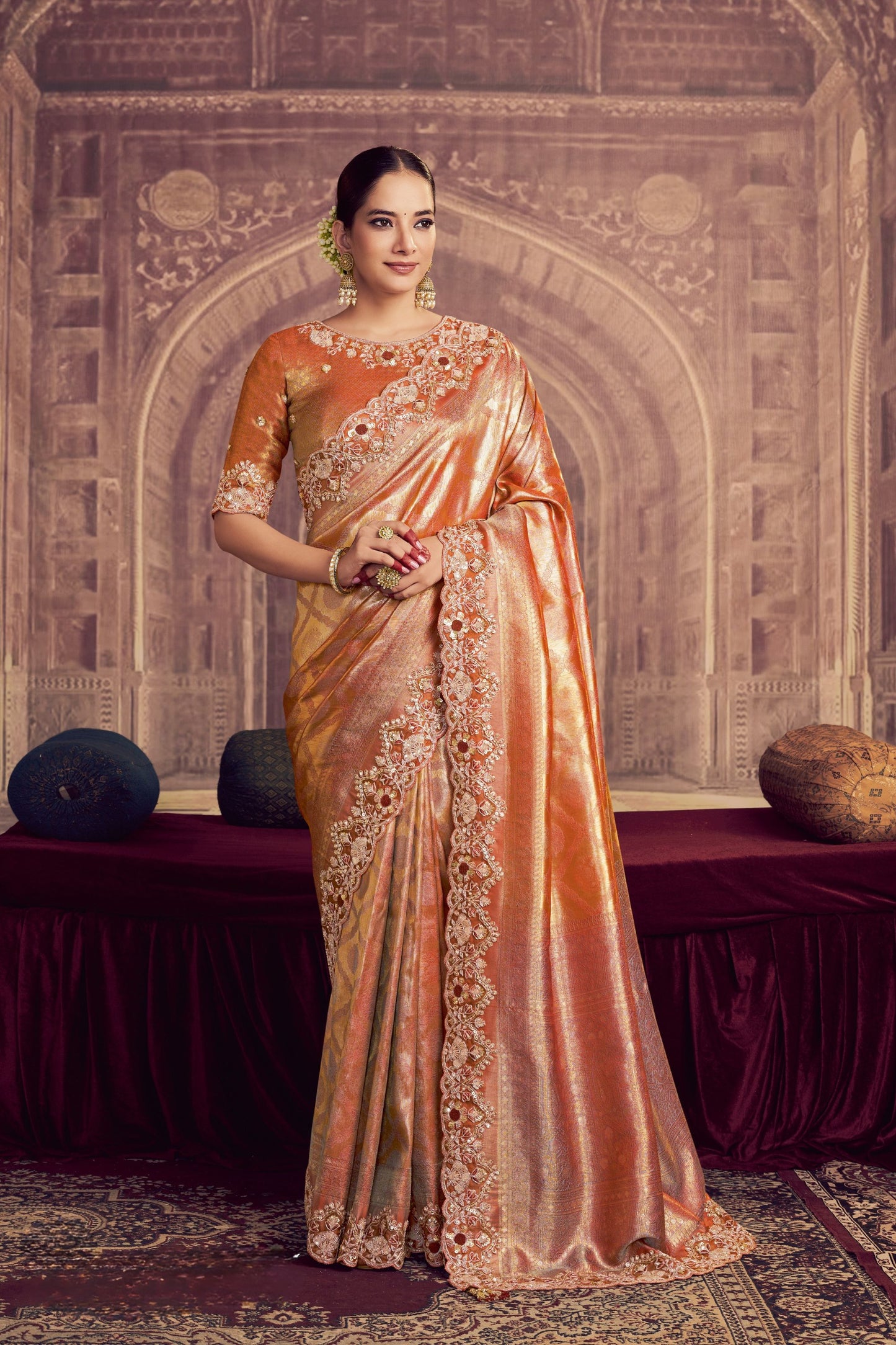 Orange Banarasi Silk Saree with Heavy Designer Blouse