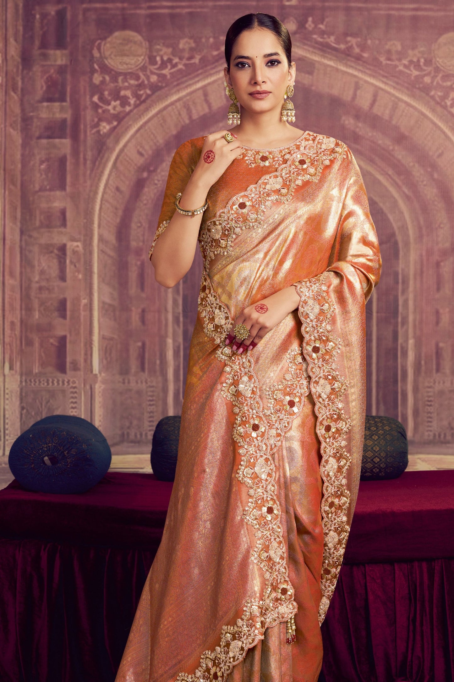 Orange Banarasi Silk Saree with Heavy Designer Blouse