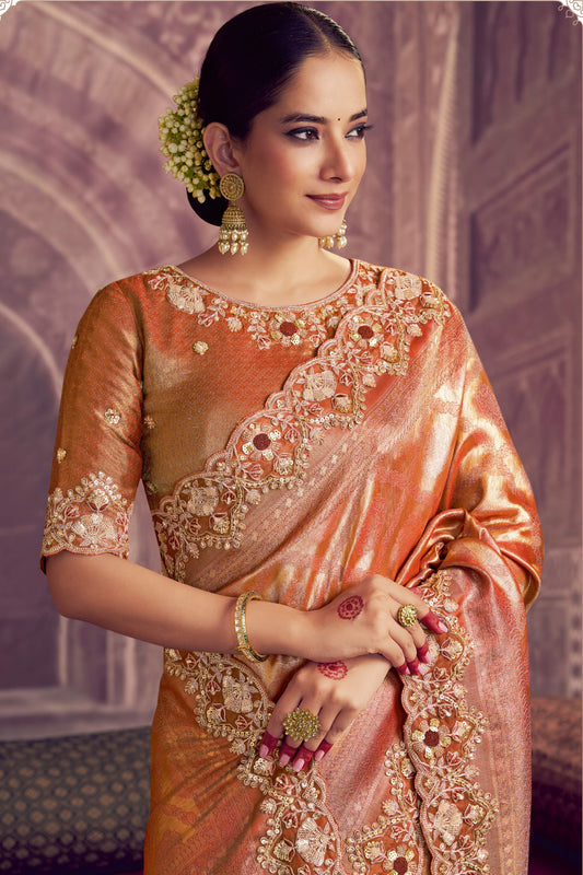 Orange Banarasi Silk Saree with Heavy Designer Blouse