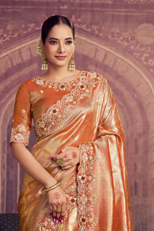 Orange Banarasi Silk Saree with Heavy Designer Blouse