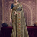Golden Beige Silk Saree with Embroidered Paisley Border and Navy Blue Blouse 