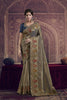 Golden Beige Silk Saree with Embroidered Paisley Border and Navy Blue Blouse 