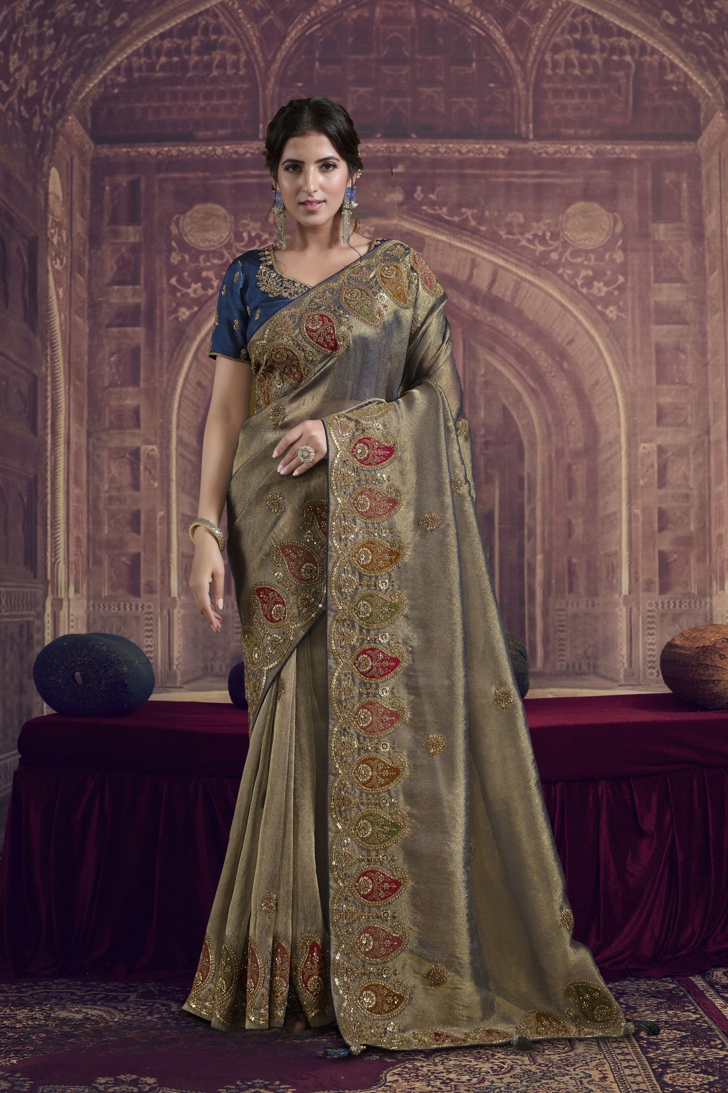 Golden Beige Silk Saree with Embroidered Paisley Border and Navy Blue Blouse 
