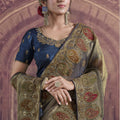 Golden Beige Silk Saree with Embroidered Paisley Border and Navy Blue Blouse
