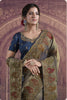 Golden Beige Silk Saree with Embroidered Paisley Border and Navy Blue Blouse