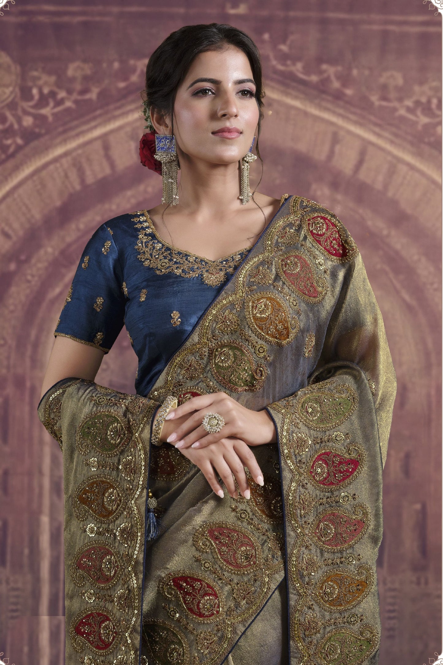 Golden Beige Silk Saree with Embroidered Paisley Border and Navy Blue Blouse