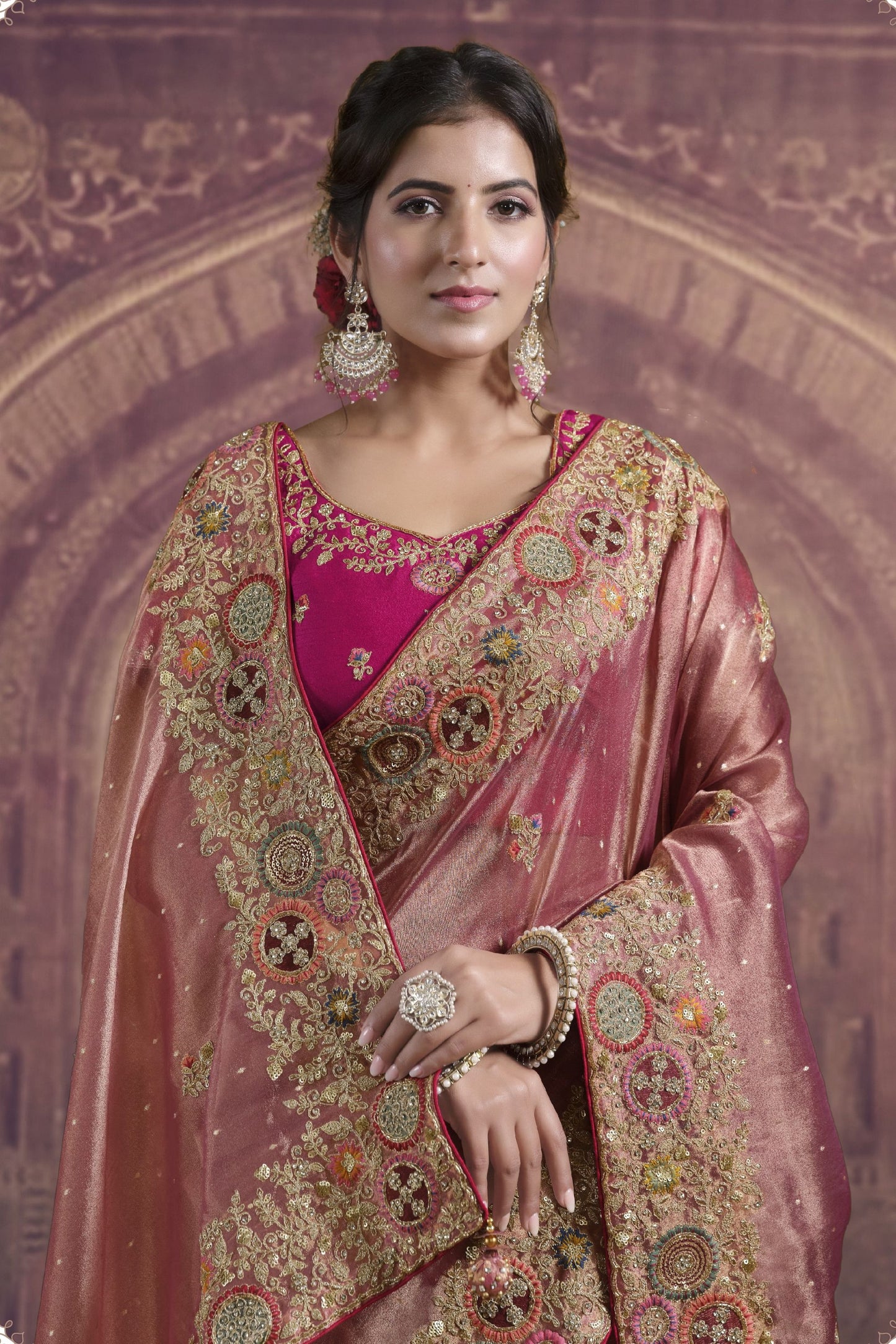 Pink Silk Saree with Heavy Embroidered Zari Border and Contrast Magenta Blouse