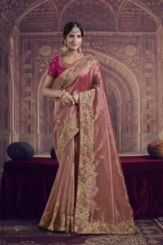 Pink Silk Saree with Heavy Embroidered Zari Border and Contrast Magenta Blouse