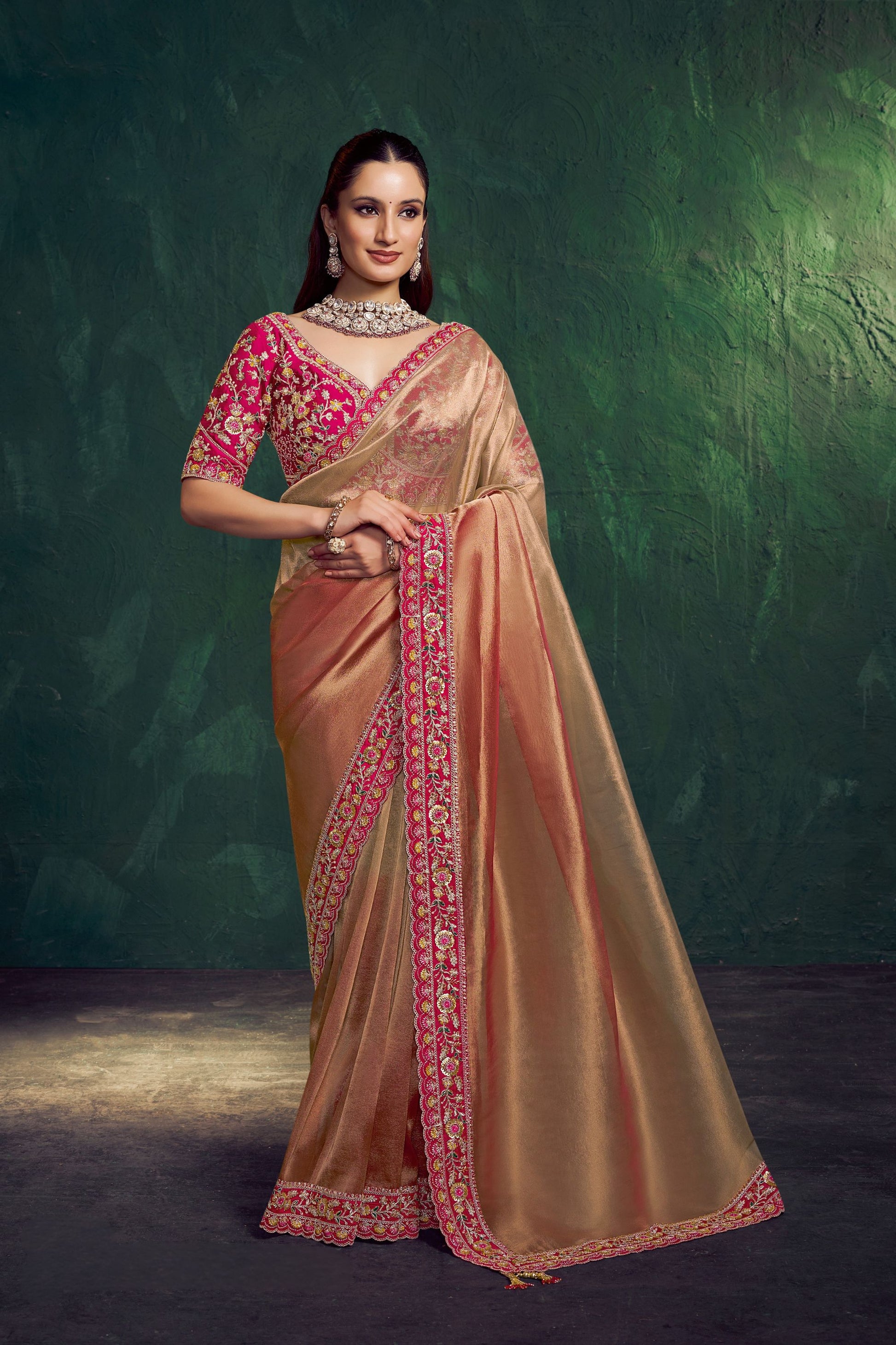 Rose Gold Silk Saree with Pink Embroidered Border Designer Blouse 