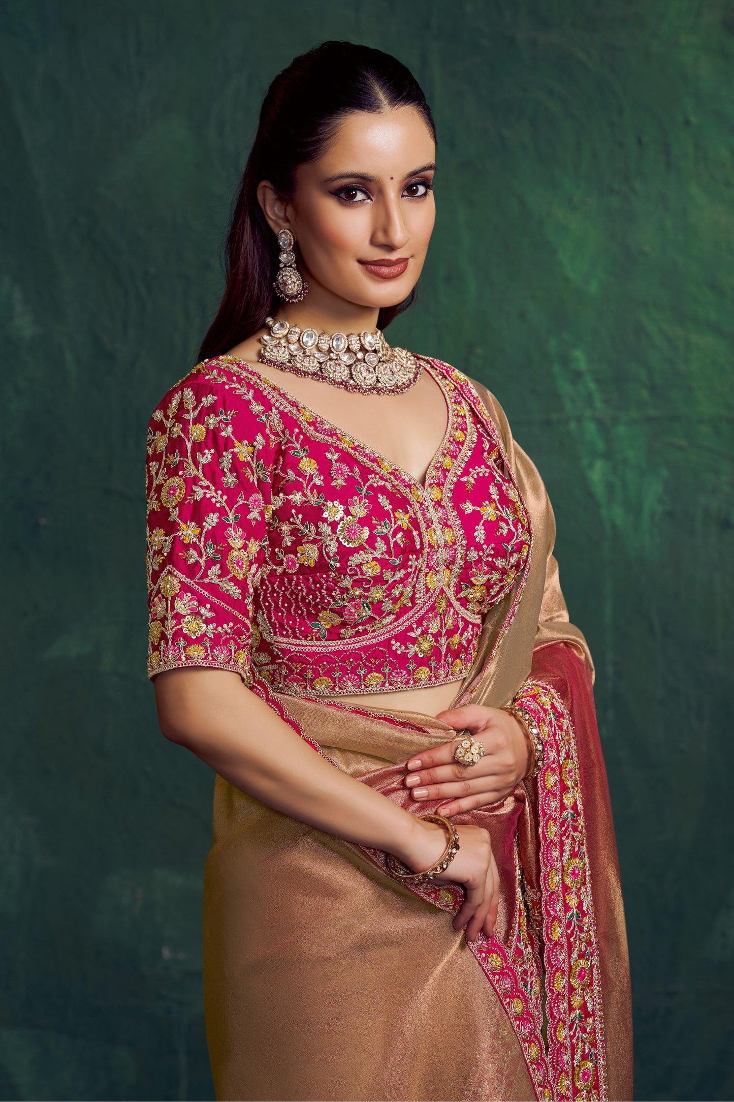 Rose Gold Silk Saree with Pink Embroidered Border Designer Blouse