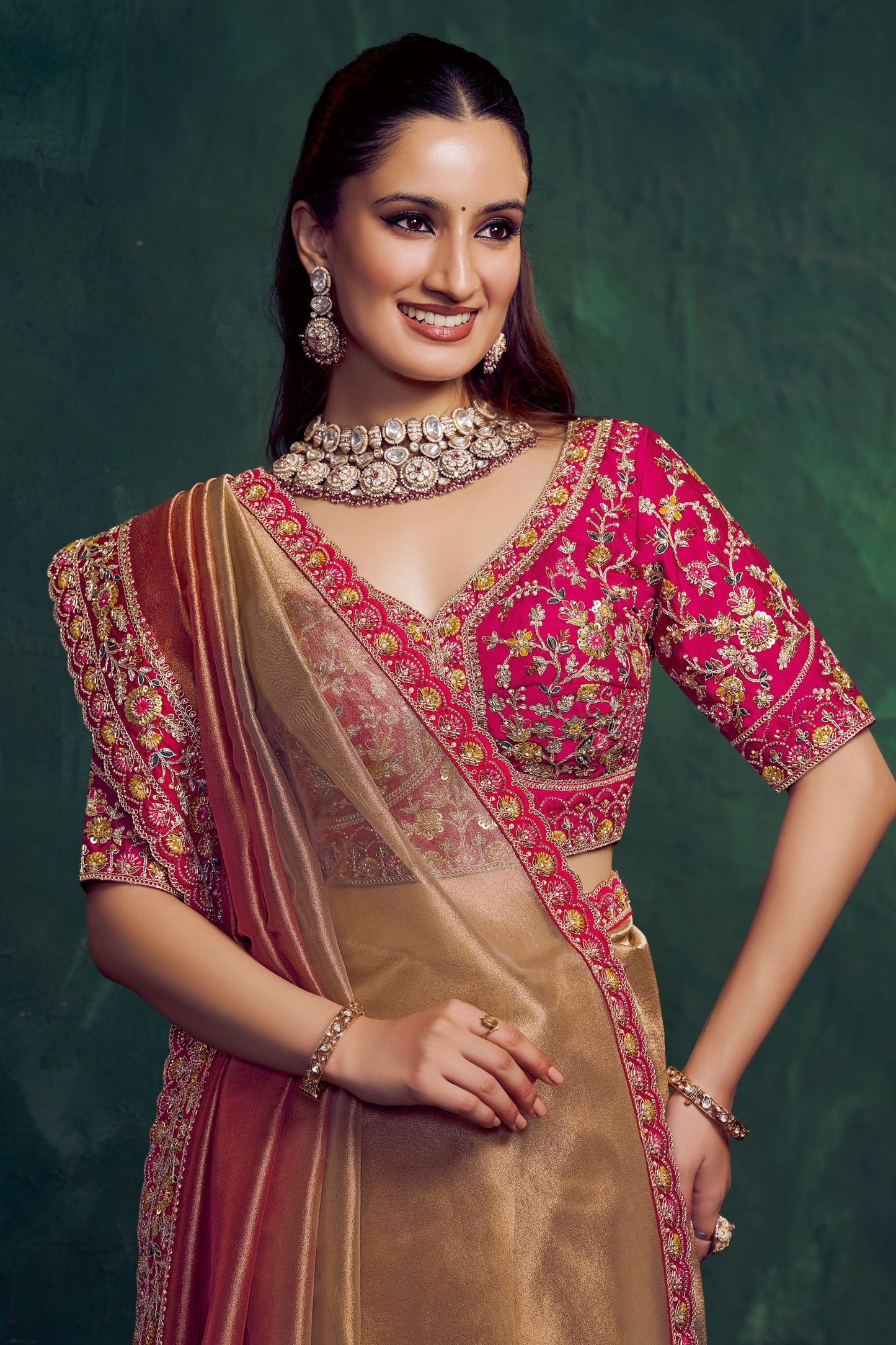Rose Gold Silk Saree with Pink Embroidered Border Designer Blouse