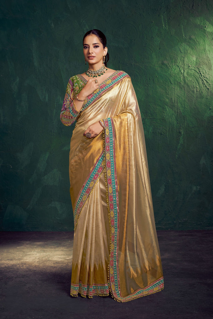 Designer Gold Saree with Colorful Embroidered Border Festive Saree