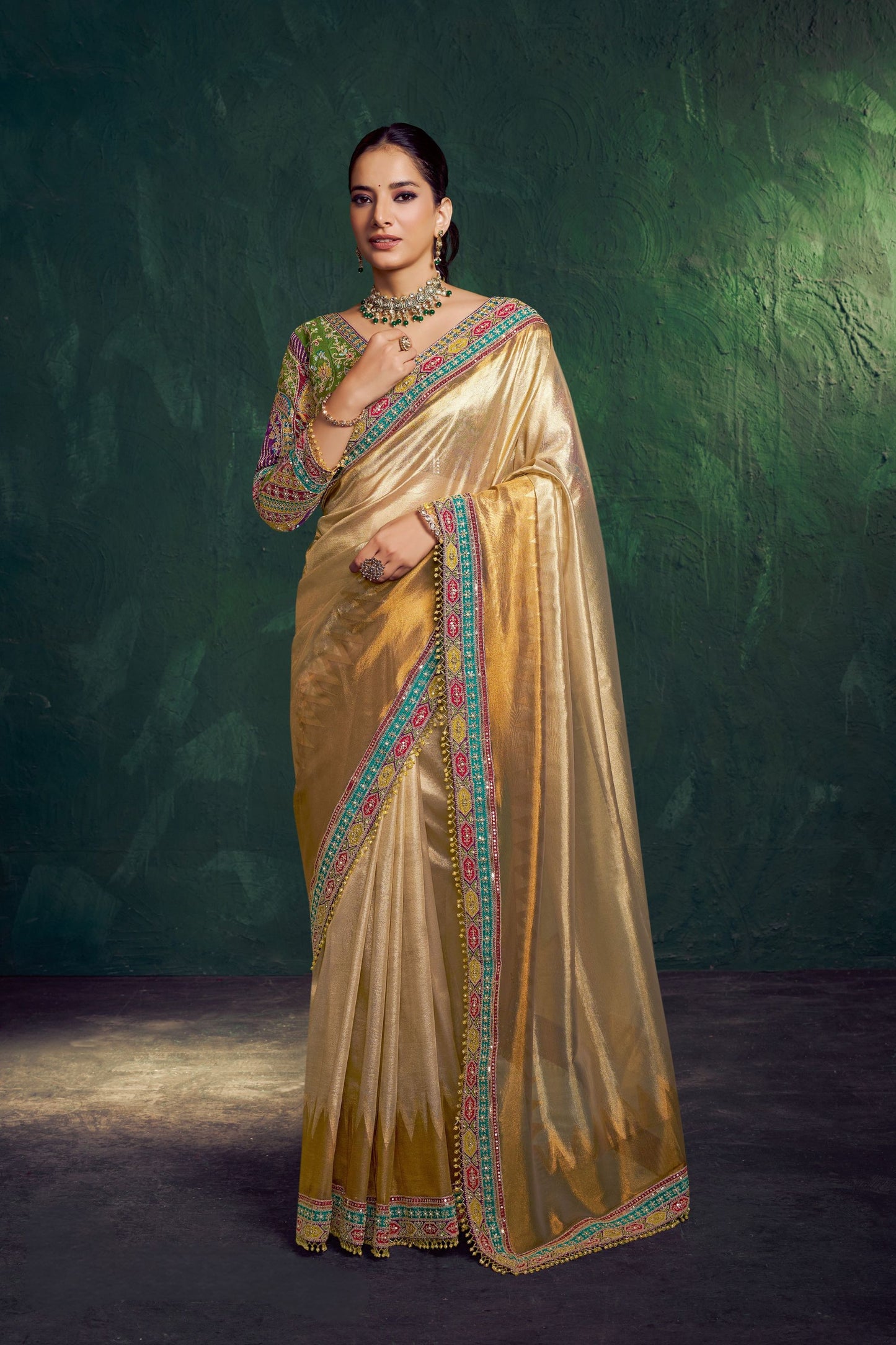 Designer Gold Saree with Colorful Embroidered Border Festive Saree