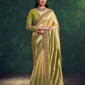 Olive Gold Silk Saree with Multicolor Border Green Designer Blouse 
