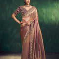 Rose Silk Saree with Heavy Gold Embroidered Border Maroon Blouse 
