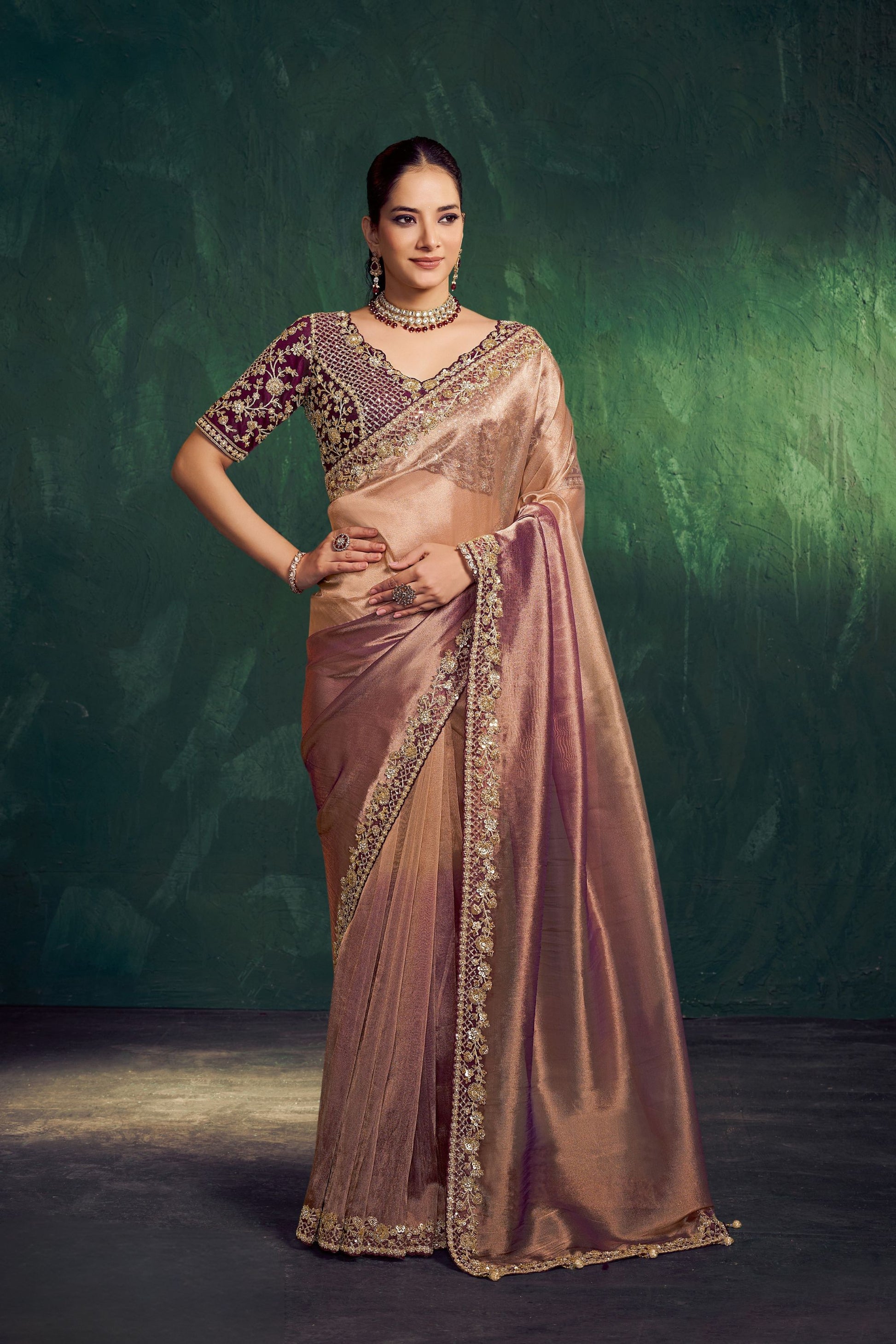 Rose Silk Saree with Heavy Gold Embroidered Border Maroon Blouse 