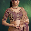 Rose Silk Saree with Heavy Gold Embroidered Border Maroon Blouse
