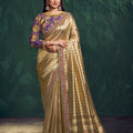Golden Silk Saree with Checks Embroidered Border Purple Designer Blouse 