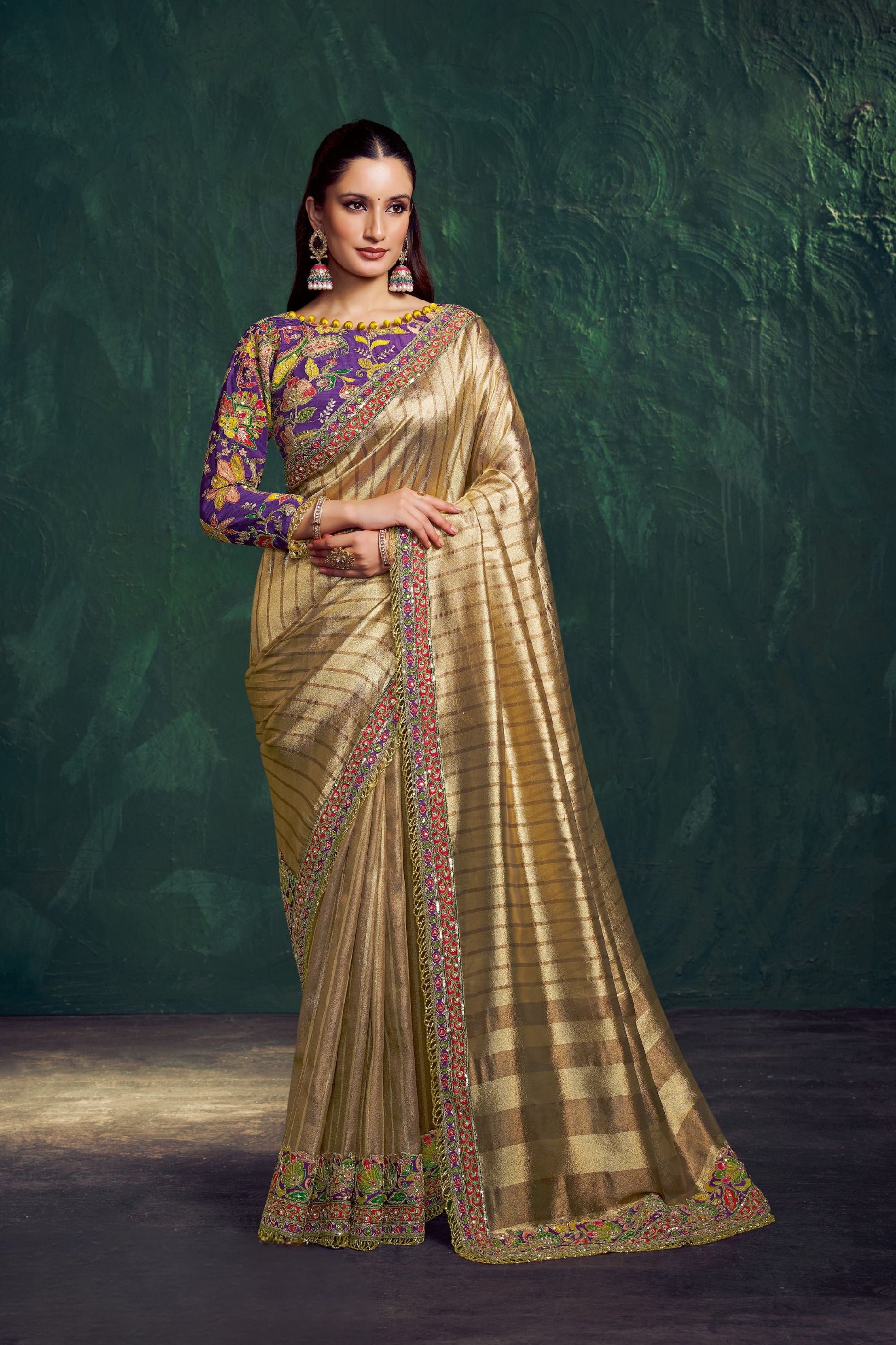 Golden Silk Saree with Checks Embroidered Border Purple Designer Blouse 