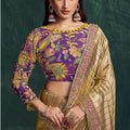 Golden Silk Saree with Checks Embroidered Border Purple Designer Blouse