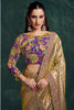 Golden Silk Saree with Checks Embroidered Border Purple Designer Blouse