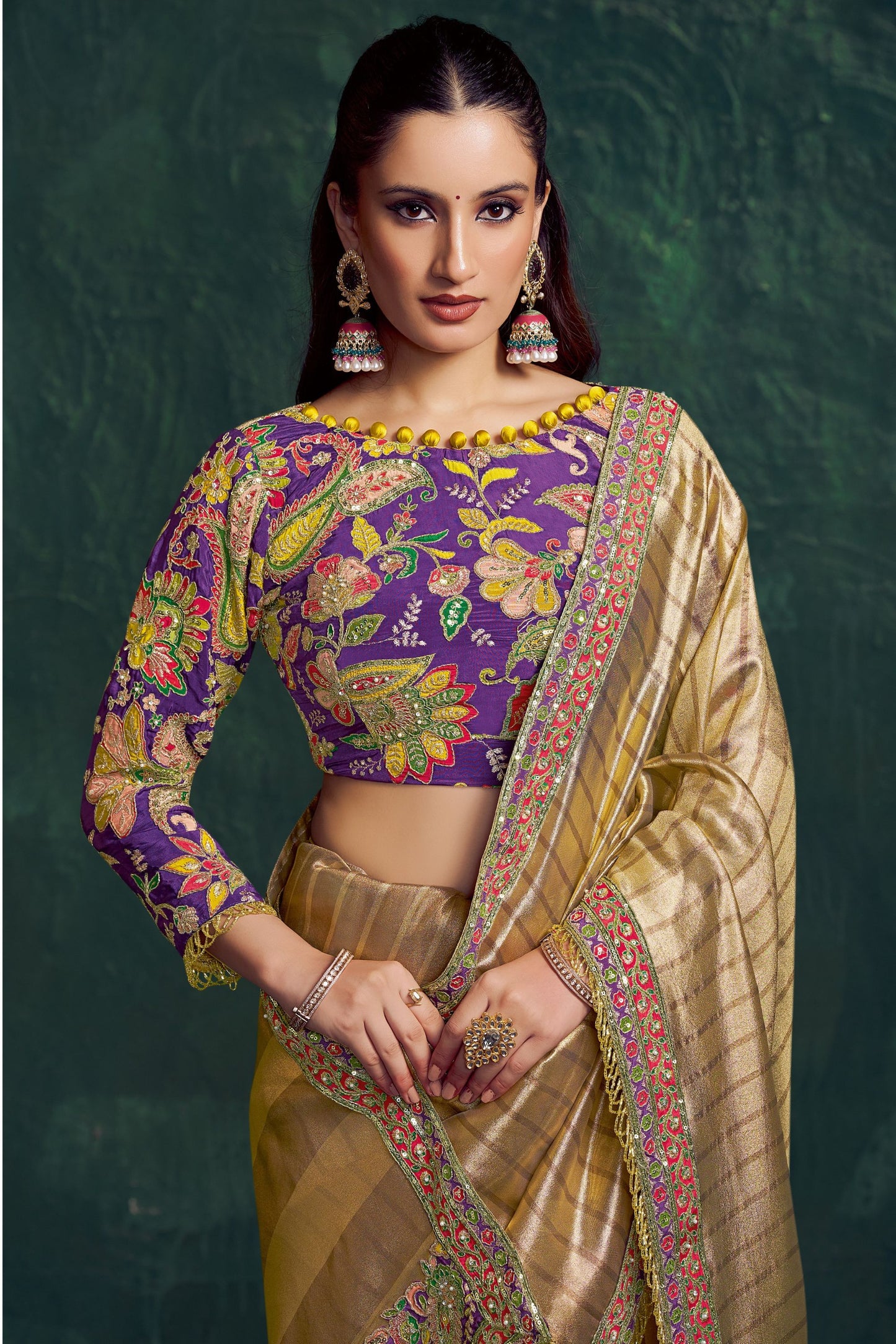 Golden Silk Saree with Checks Embroidered Border Purple Designer Blouse