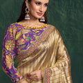 Golden Silk Saree with Checks Embroidered Border Purple Designer Blouse