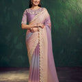 Lavender Peach Shaded Organza Saree Heavy Border Designer Blouse