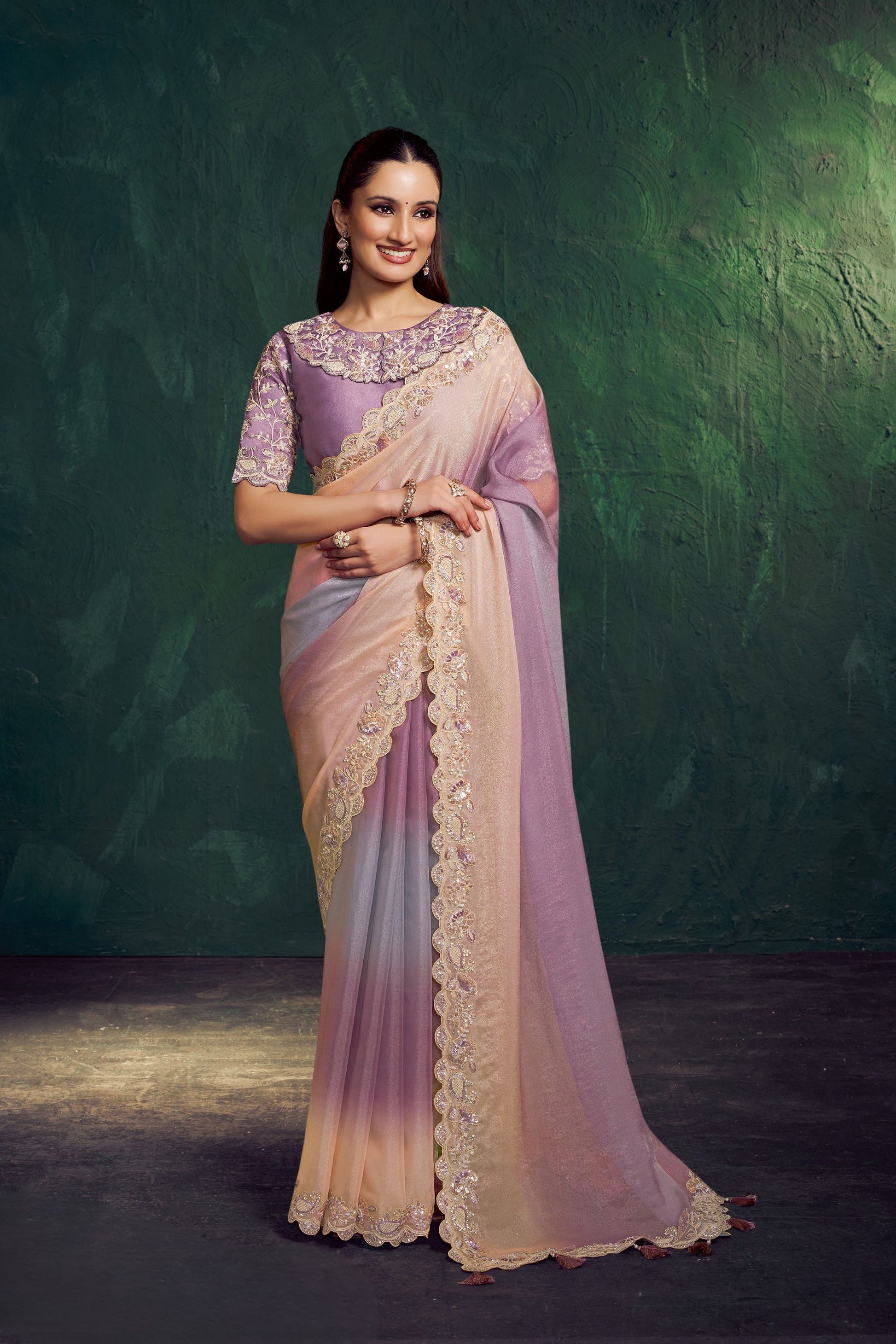 Lavender Peach Shaded Organza Saree Heavy Border Designer Blouse