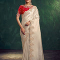 Ivory Silk Saree with Heavy Gold Embroidery Border Red Designer Blouse