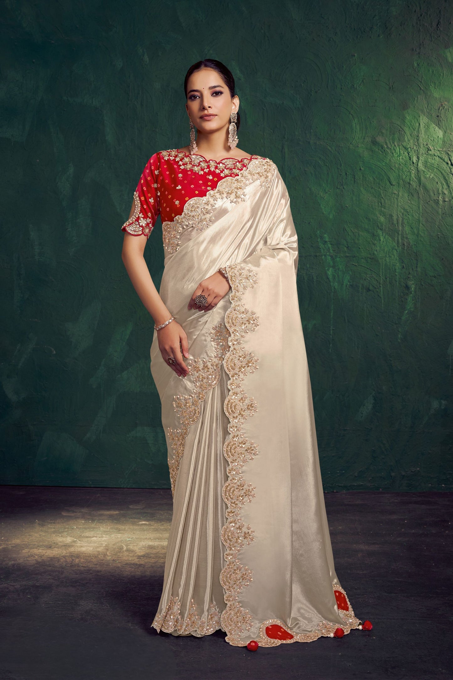 Ivory Silk Saree with Heavy Gold Embroidery Border Red Designer Blouse