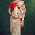 Ivory Silk Saree with Heavy Gold Embroidery Border Red Designer Blouse