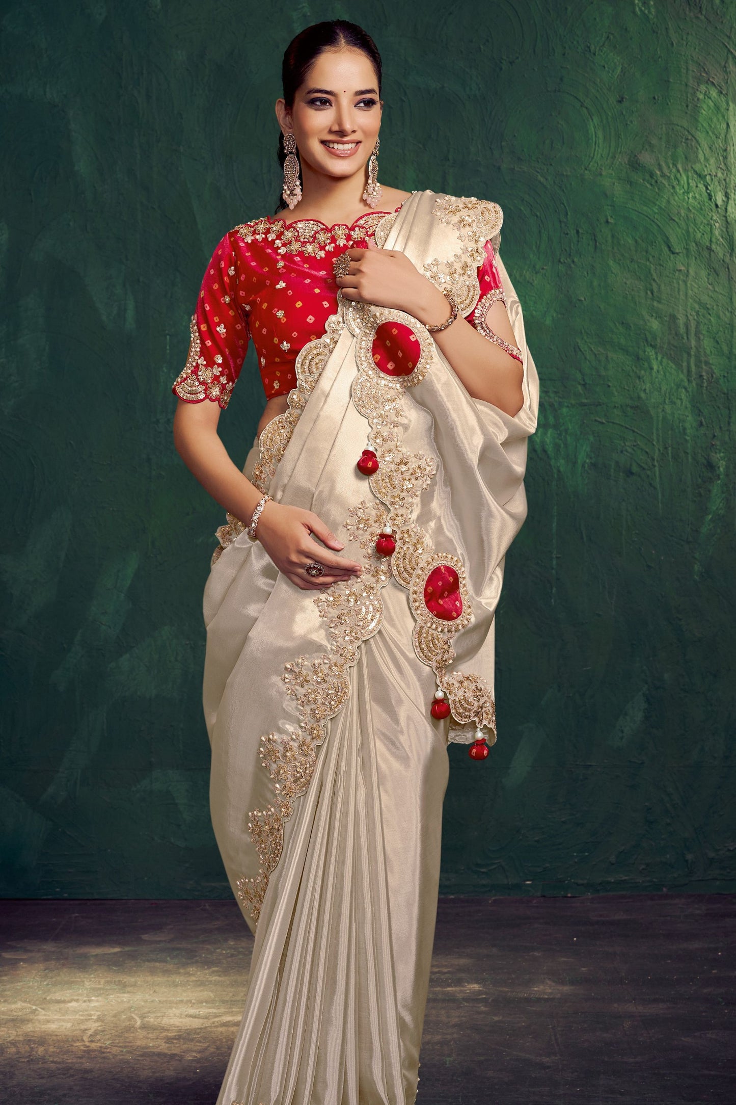 Ivory Silk Saree with Heavy Gold Embroidery Border Red Designer Blouse