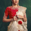 Ivory Silk Saree with Heavy Gold Embroidery Border Red Designer Blouse