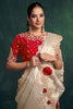 Ivory Silk Saree with Heavy Gold Embroidery Border Red Designer Blouse