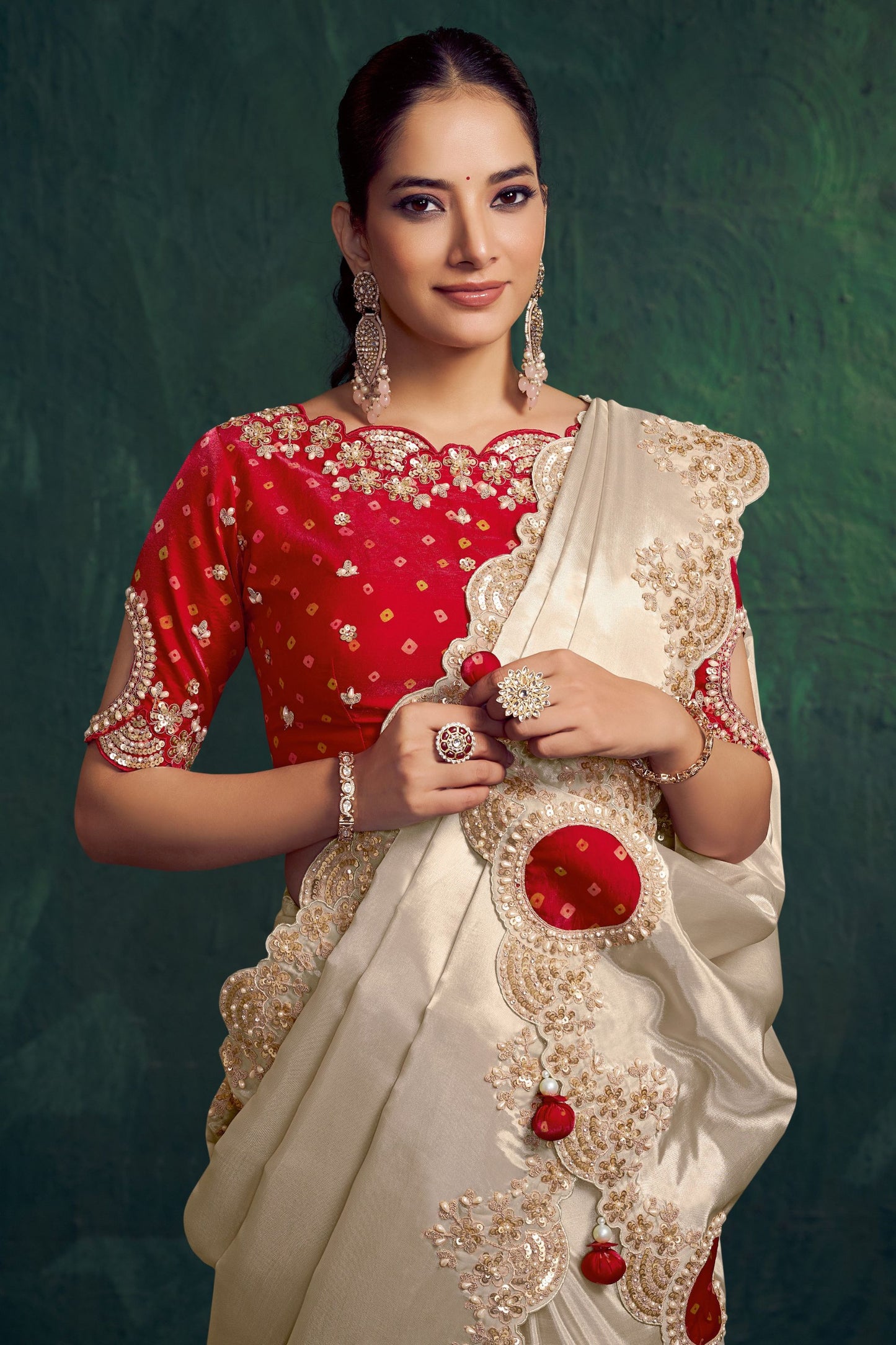 Ivory Silk Saree with Heavy Gold Embroidery Border Red Designer Blouse