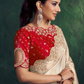 Ivory Silk Saree with Heavy Gold Embroidery Border Red Designer Blouse