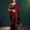 Maroon Black Designer Saree Sequin Embroidery Border Printed Pallu 