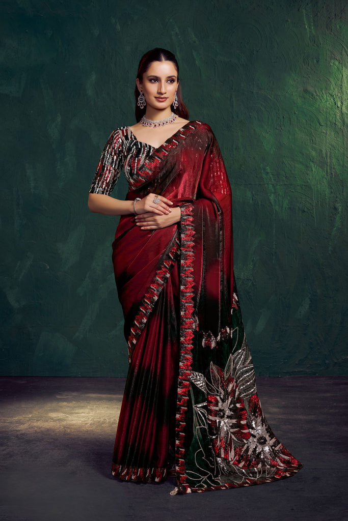 Maroon Black Designer Saree Sequin Embroidery Border Printed Pallu 