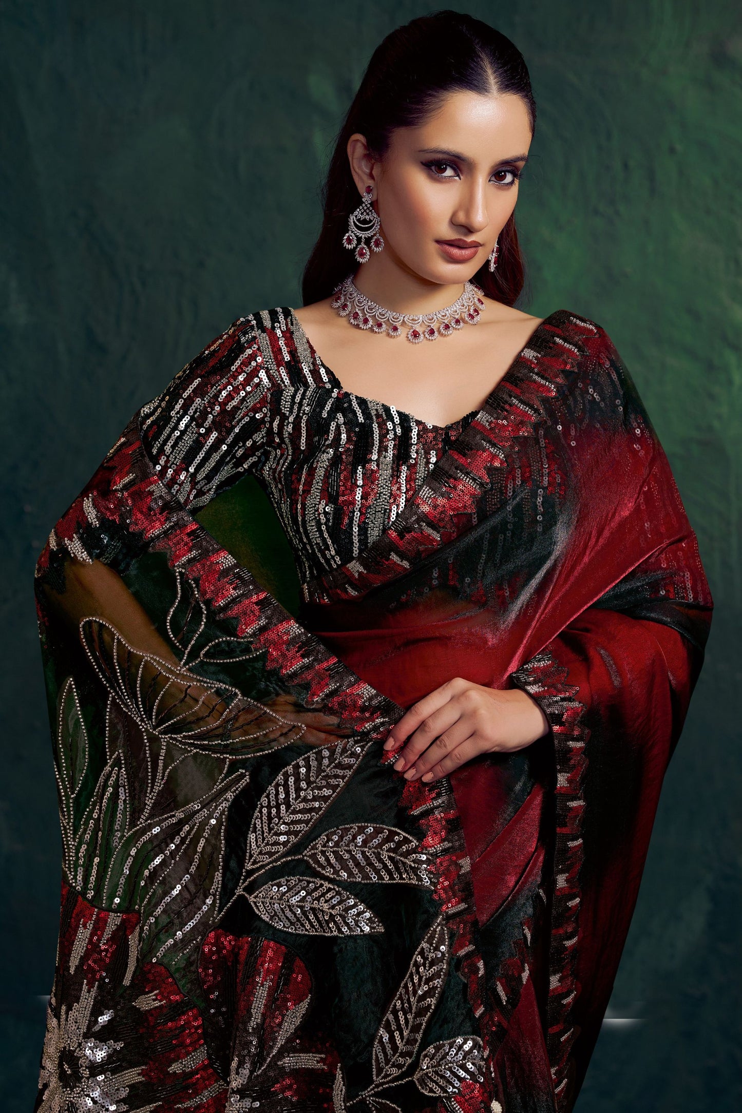 Maroon Black Designer Saree Sequin Embroidery Border Printed Pallu