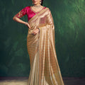  Golden Beige Silk Saree with Zari Border Pink Embroidered Blouse 