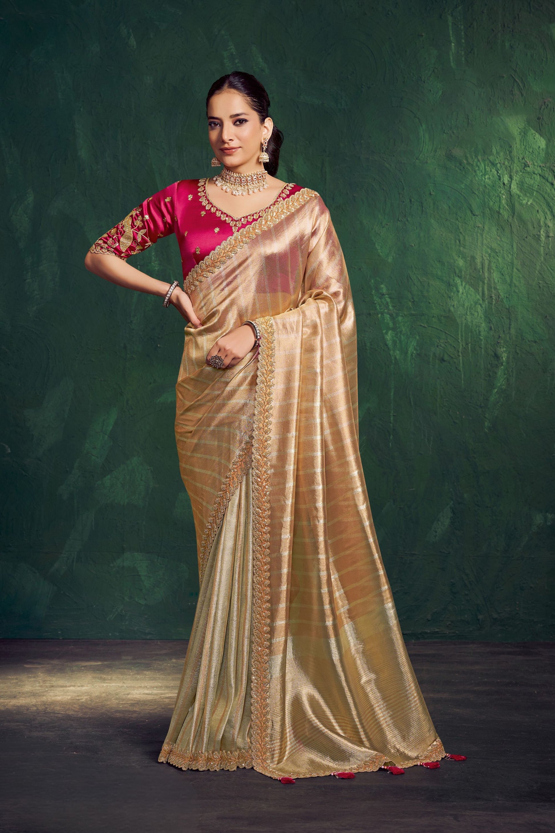  Golden Beige Silk Saree with Zari Border Pink Embroidered Blouse 