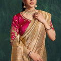 Golden Beige Silk Saree with Zari Border Pink Embroidered Blouse