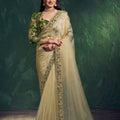Light Gold Silk Saree with Green Embroidered Designer Blouse 