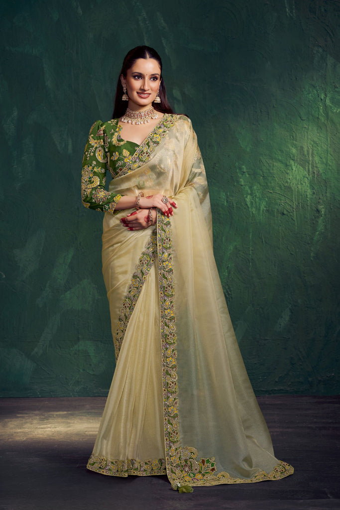 Light Gold Silk Saree with Green Embroidered Designer Blouse 