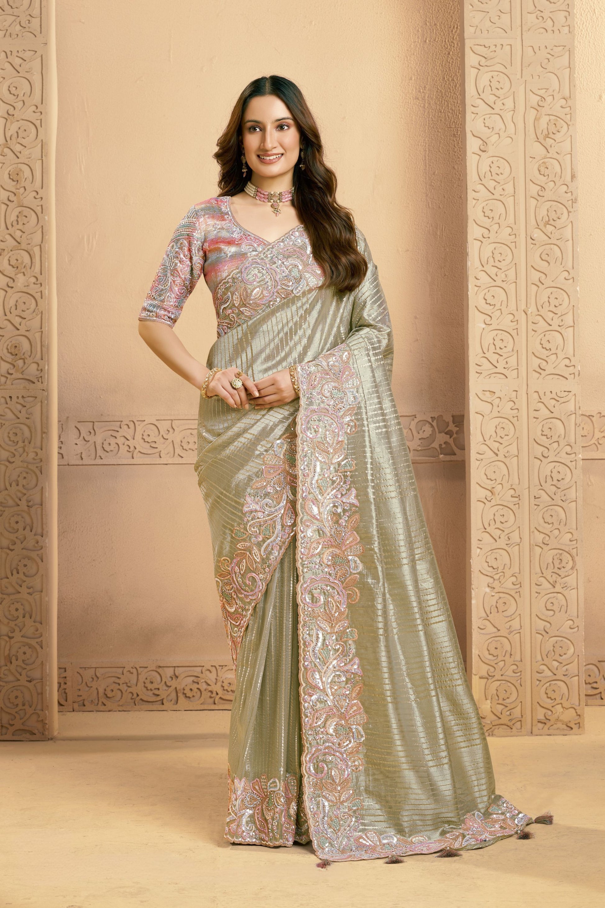 Pastel Green Designer Silk Saree with Heavy Embroidered Border 