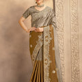 Golden Brown Grey Designer Silk Saree  Wedding Wear