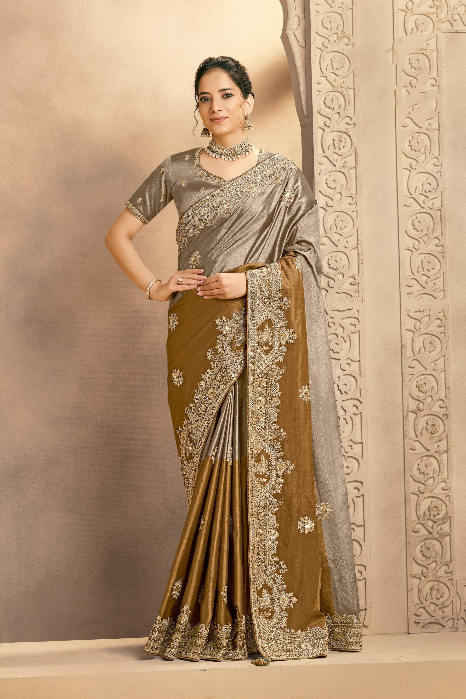Golden Brown Grey Designer Silk Saree  Wedding Wear