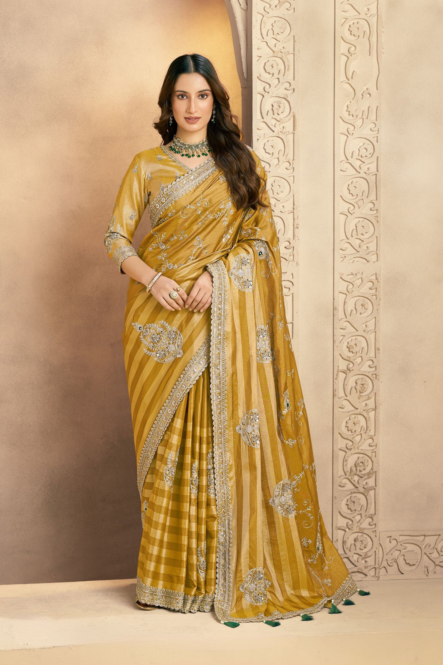 Designer  Golden Mustard Silk Saree with Silver Tassel Border