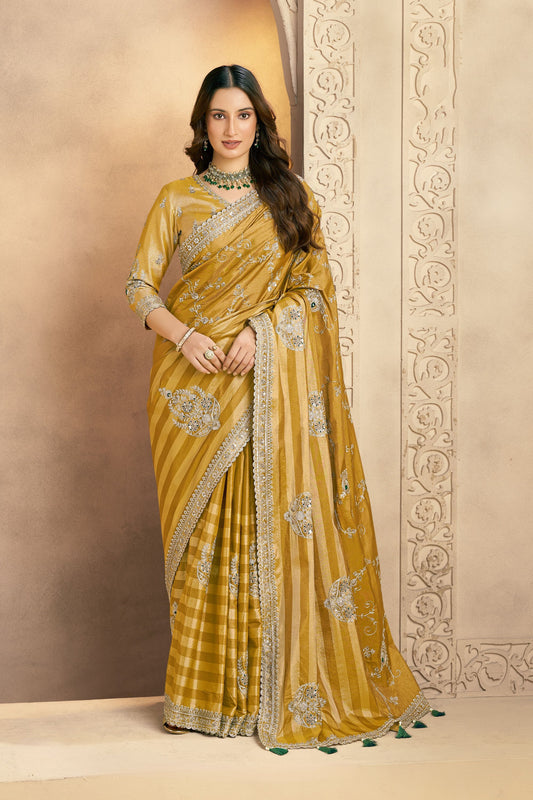 Designer  Golden Mustard Silk Saree with Silver Tassel Border
